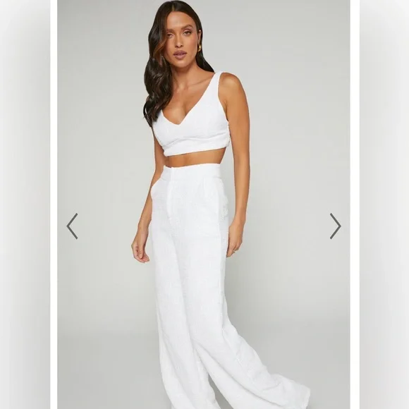 Showpo Ivory Textured Wide Leg Pants & Top Set - Picture 3 of 8